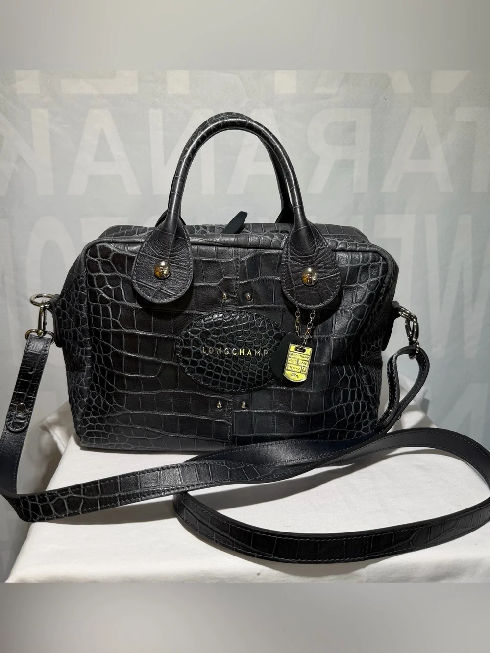 Longchamp Légende Black Gray Blue Croc-Embossed Leather Two Way Handbag